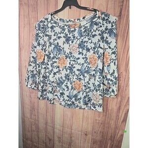 Loft Women's Babydoll Blouse Sz.  L White w/ Multi-Color Florals Ruffled 3/4...